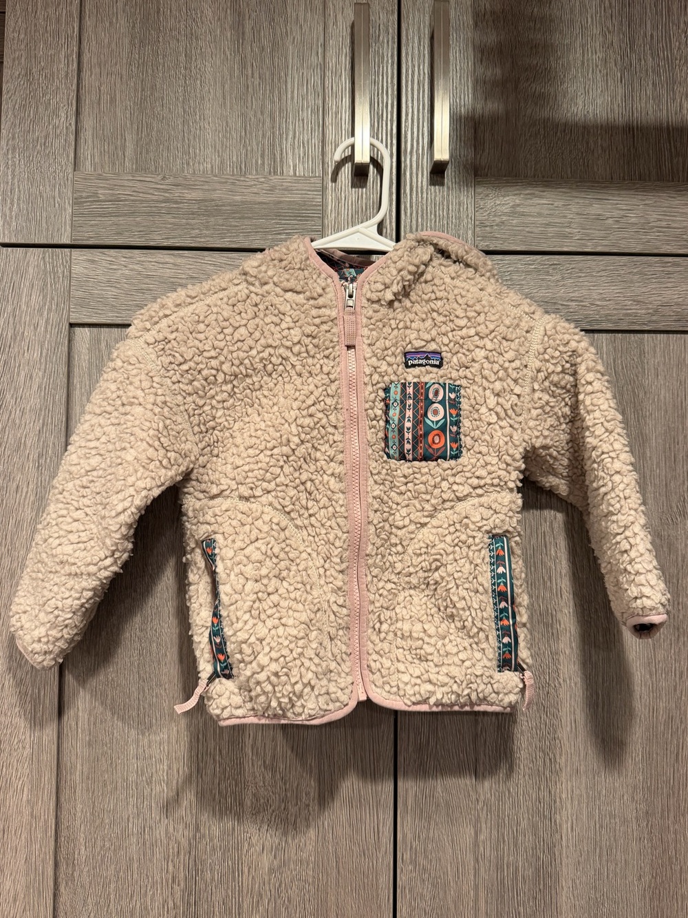 Patagonia Kids Cream Sherpa Jacket with Patterned Trim